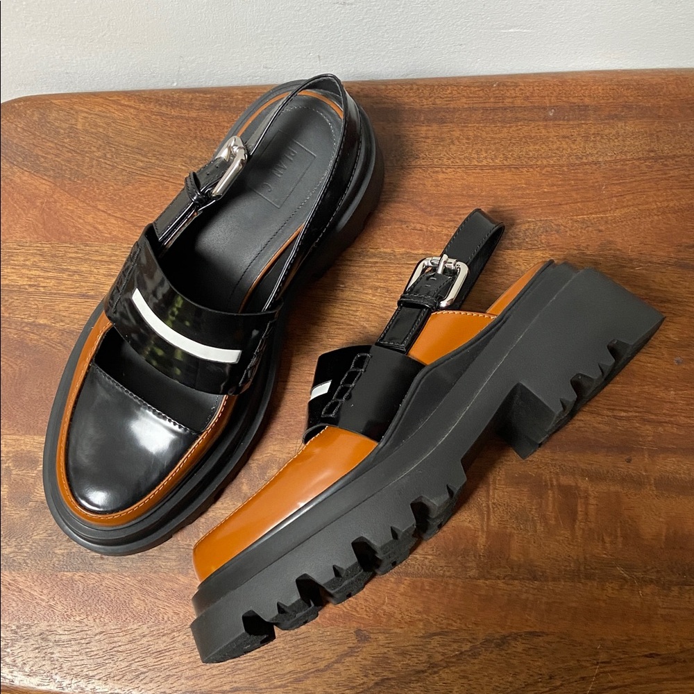 Plan C Black & Brown Lug Sole Slingback Loafers